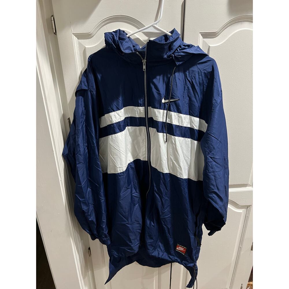 Vintage Nike Team Sports Windbreaker Jacket Blue White Hooded Mens L USA 90s